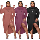 Plus Size Print Solid Color Long Sleeve Midi Dress XMF-163