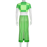 Plaid Print Crop Top Striped Skirt Two Piece Set GLRF-27600