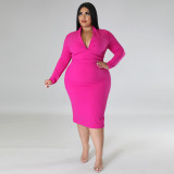 Plus Size V-Neck Solid Color Long Sleeve Midi Dress ONY-7038