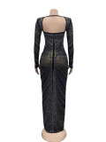 Fashion Hot Diamond Mesh Long Sleeve Maxi Dress BY-6023