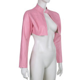 Fashion PU Leather Pink Crop Jacket GLRF-25671