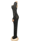 Fashion Hot Diamond Mesh Long Sleeve Maxi Dress BY-6023