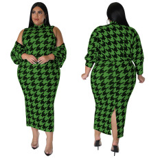 Plus Size Fashion Sexy Sleeveless Houndstooth Print Dress Set NNWF-7708