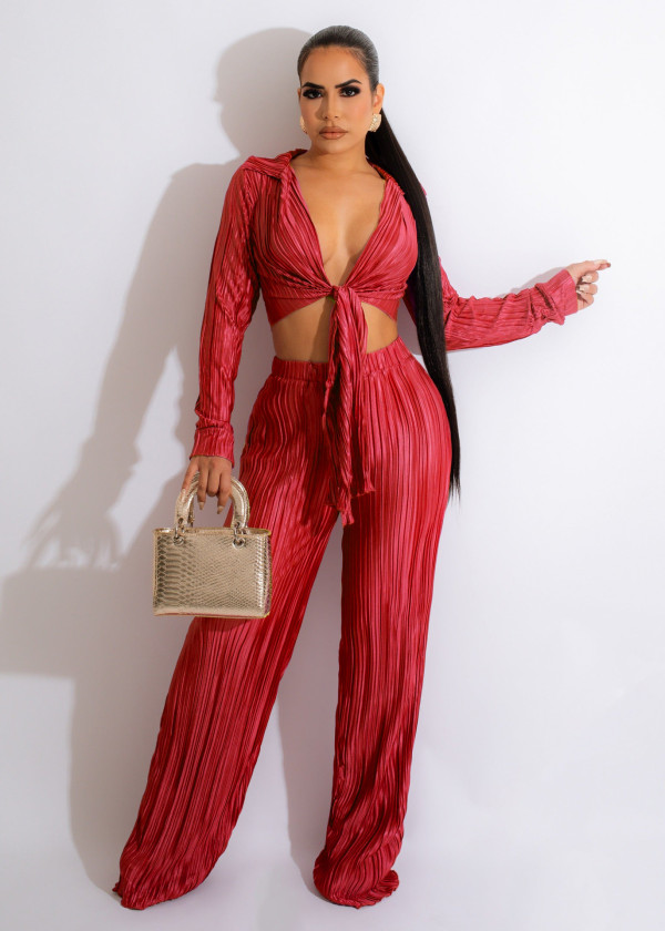 Pleated Lace-Up Crop Top+Straight Pant Two Piece Set OSM-4378