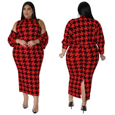 Plus Size Fashion Sexy Sleeveless Houndstooth Print Dress Set NNWF-7708