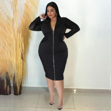 Plus Size Solid Color Zip Mesh Splice Dress NNWF-7688