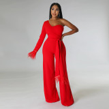 Solid One Shoulder Long Sleeve Jumpsuit CYA-900120