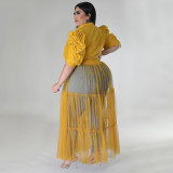 Plus Size Solid Shirts Mesh Splice Perspective Maxi Dress NNWF-7681