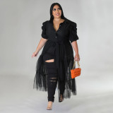 Plus Size Solid Shirts Mesh Splice Perspective Maxi Dress NNWF-7681