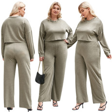 Plus Size Solid Long Sleeve Pullover Top Wide Leg Pants Set ONY-P2151