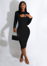 Solid Knitting Long Sleeve Hollow Out Slim Midi Dress CM-8640