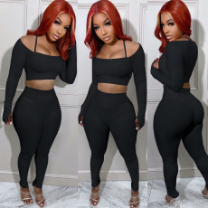 Casual Knitting Solid Crop Tops And Pencil Pant Two Piece Set SH-390413