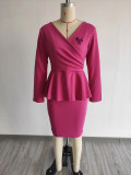 Fashion Pink Letter Print V Neck Ruffles Midi Dress OUQF-432
