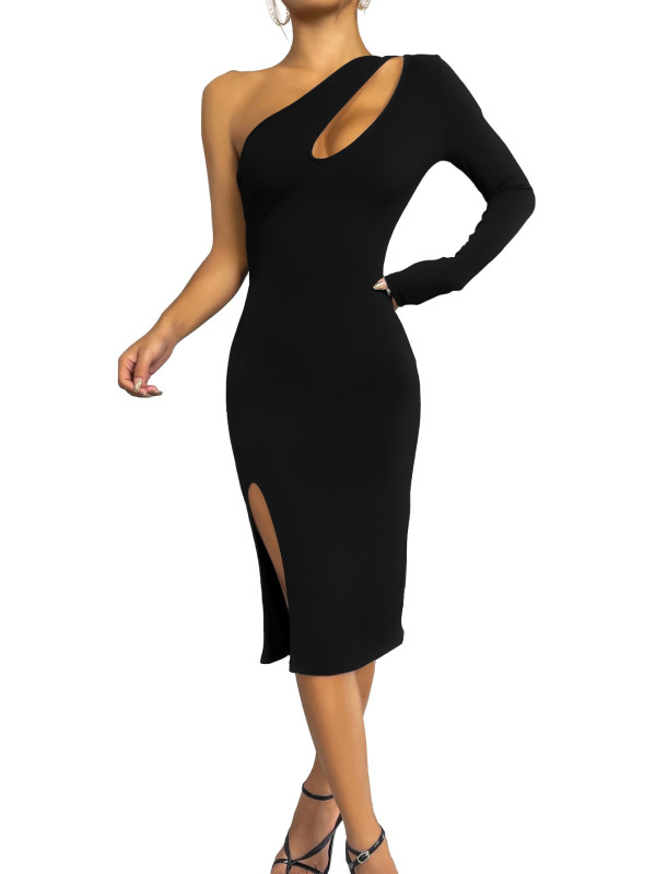 Sexy Solid One Shoulder Sleeve Hollow Out Party Dress MZ- 2766