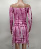 Off Shoulder Long Sleeve Drawstring Slim Mini Dress XMY-9391