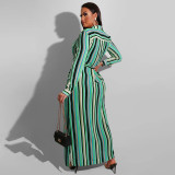 Plus Size Striped Print Lapel Cardigan Dress With Waist Belt OSIF-22469