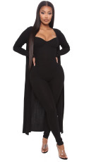 Sexy Solid Sling Jumpsuit+Loose Long Coat Two Piece Set MZ-2769