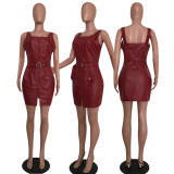 Fashion PU Leather Zipper Suspender Dress With Waist Belt MEM-88235