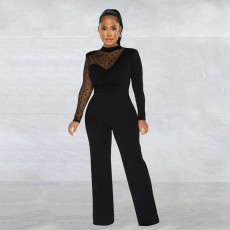 Fashion Solid Mesh Patchwork Long Sleeve Jumpsuit GFYX-6021