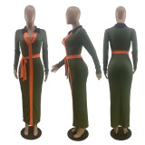 Plus Size Contrast Color Stitching V Neck Maxi Dress YNB-7272