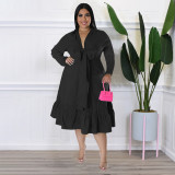 Plus Size Solid Bow Tie Loose Ruffles Casual Dress NNWF-7679
