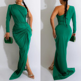 Sexy Solid One Shoulder Sleeve Pleated Maxi Dress BY-6042