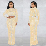 Mesh See Through Hot Drilling Long Sleeve Long Skirts Two Piece Set BY-6028