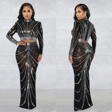 Mesh See Through Hot Drilling Long Sleeve Long Skirts Two Piece Set BY-6028