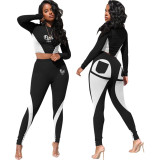 PINK Letter Print Color Block Long Sleeve Two Piece Pants Set XMF-167