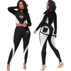 PINK Letter Print Color Block Long Sleeve Two Piece Pants Set XMF-167