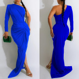 Sexy Solid One Shoulder Sleeve Pleated Maxi Dress BY-6042
