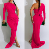 Sexy Solid One Shoulder Sleeve Pleated Maxi Dress BY-6042