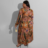 Plus Size Casual Print Top And Ruched Big Swing Skirt Suits OSIF-22516