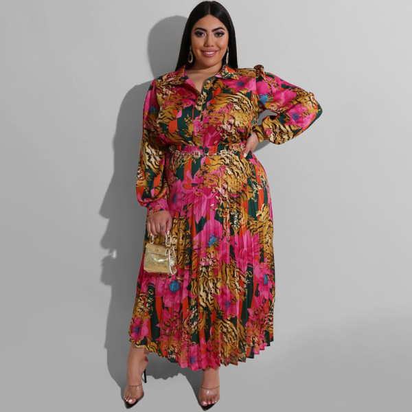 Plus Size Casual Print Top And Ruched Big Swing Skirt Suits OSIF-22516