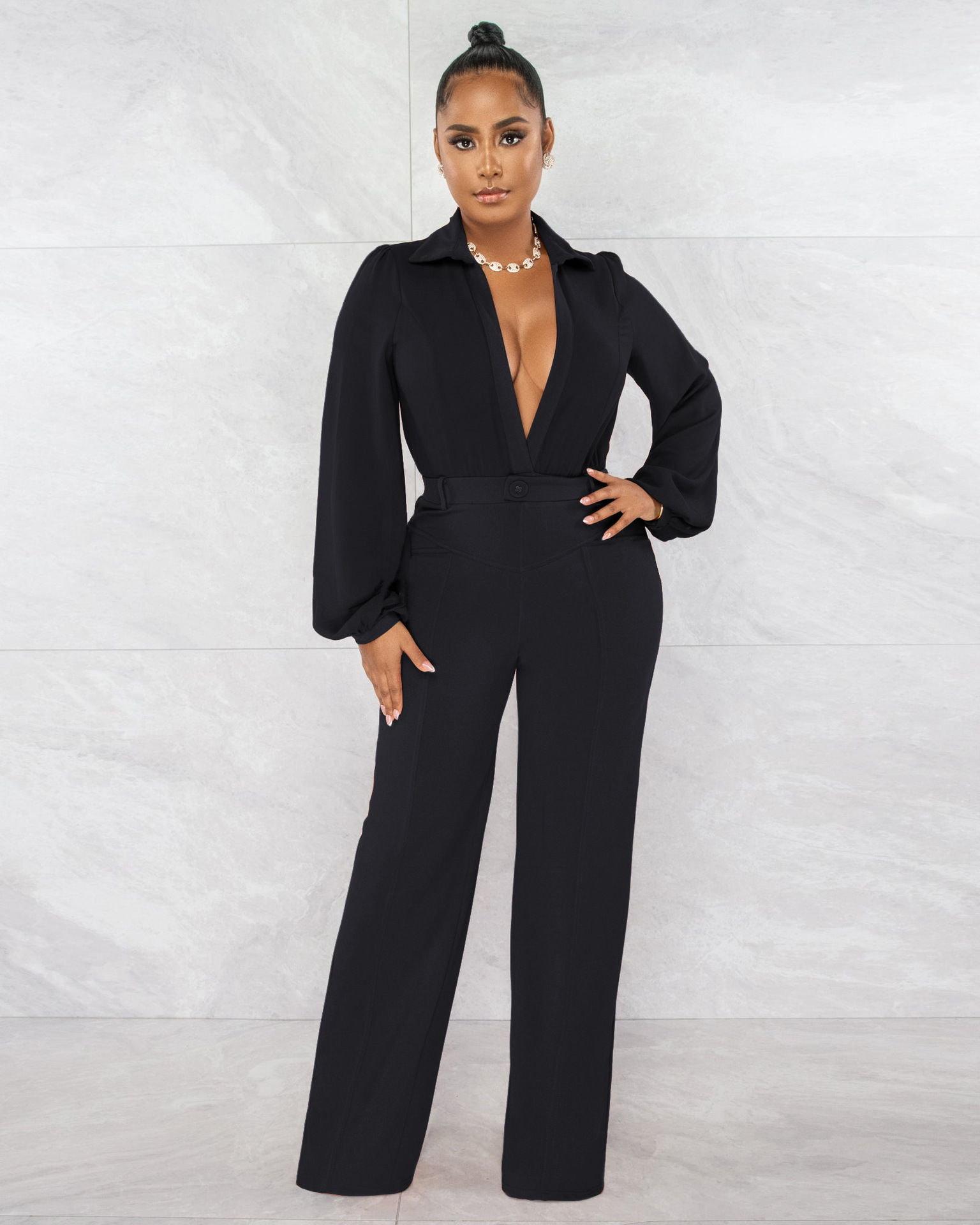 Sexy And Fashionable Low-Cut Deep V Waist Satin Jumpsuit