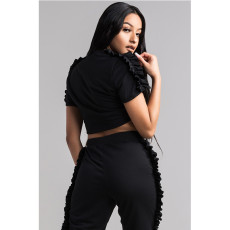 Fashion Solid Color Fungus Edge Crop Top And Pants 2 Piece Set YIY-7108