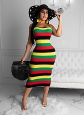 Colorful Striped Print Sling Halter Slim Midi Dress GDNY-2019