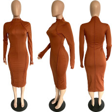 Solid Thumb Hole Long Sleeve Zipper Slim Midi Dress BGN-240