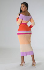 Color Matching Off Shoulder Slim Midi Dress XHXF-324