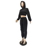 Solid Hooded Crop Top And Pant 2 Piece Set NLAF-60122