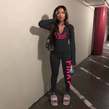 PINK Letter Print Long Sleeve Tight Jumpsuit FST-8050