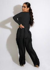 Casual Solid Long Sleeve Bodysuit+Tassel Lace Pants Sports Suits AIL-223
