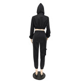 Solid Hooded Crop Top And Pant 2 Piece Set NLAF-60122