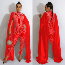 Hot Drilling Mesh See-Through Sleeveless Shawl Jumpsuit BY-6032