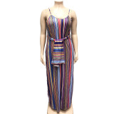 Plus Size Striped Loose Sling Maxi Dress With Belt OSIF-19258