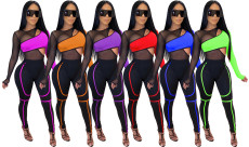 Mesh Splice Bodysuits And Pants Two Piece Set LA-3168