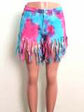 Tassel Tie Dye Denim Shorts OSM-5316