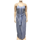 Plus Size Striped Loose Sling Maxi Dress With Belt OSIF-19258
