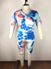 Plus Size Tie Dyed V-neck Shorts Suit (including mask) OSM2-4115