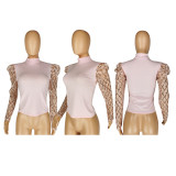 Plus Size Mesh Sequin Splicing Long Sleeve Top YIS-A841